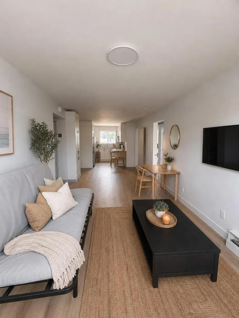 Furnished living room with sofa, coffee table and dining area