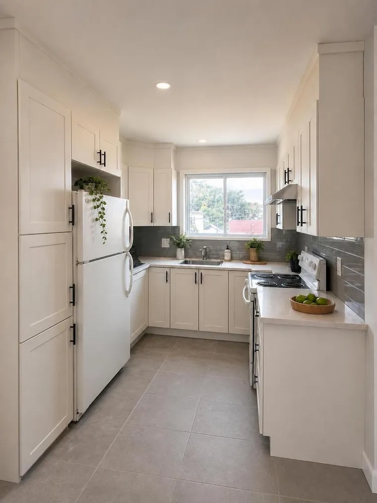 Equipped kitchen with white cabinets and appliances
