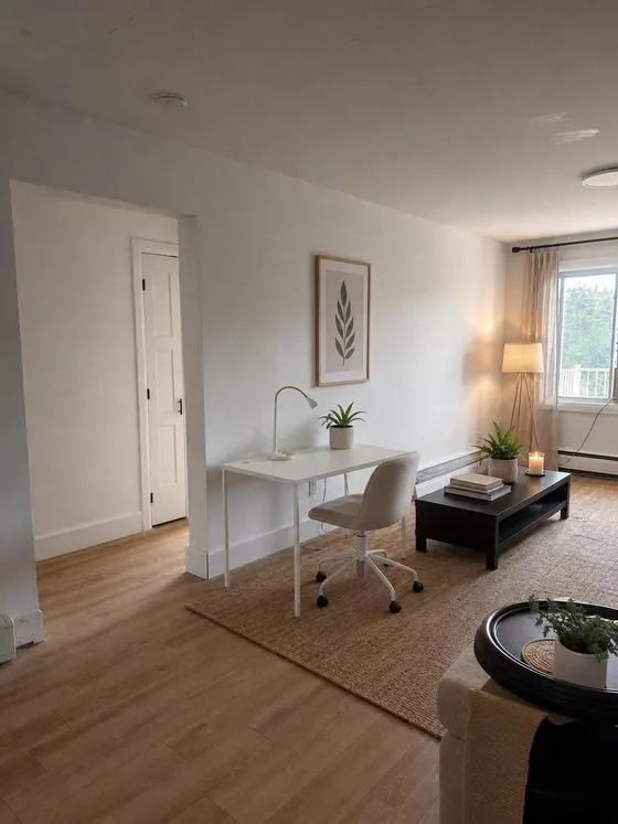 Living room with desk area in a home in Mercier-Ouest, Montreal